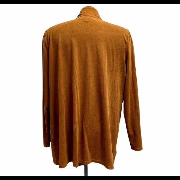 LANALEE faux suede camel coloured open front asymmetrical cardigan sweater Sz L - Picture 2 of 9
